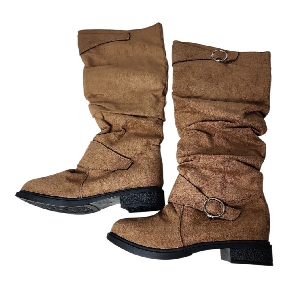 Slouchy Mid Calf Boots Womens 11 Brown Faux Suede Buckle Boho Casual